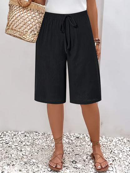 Labelled Women'S Shorts with Faux Drawstring, Solid Color Beach Pants.
