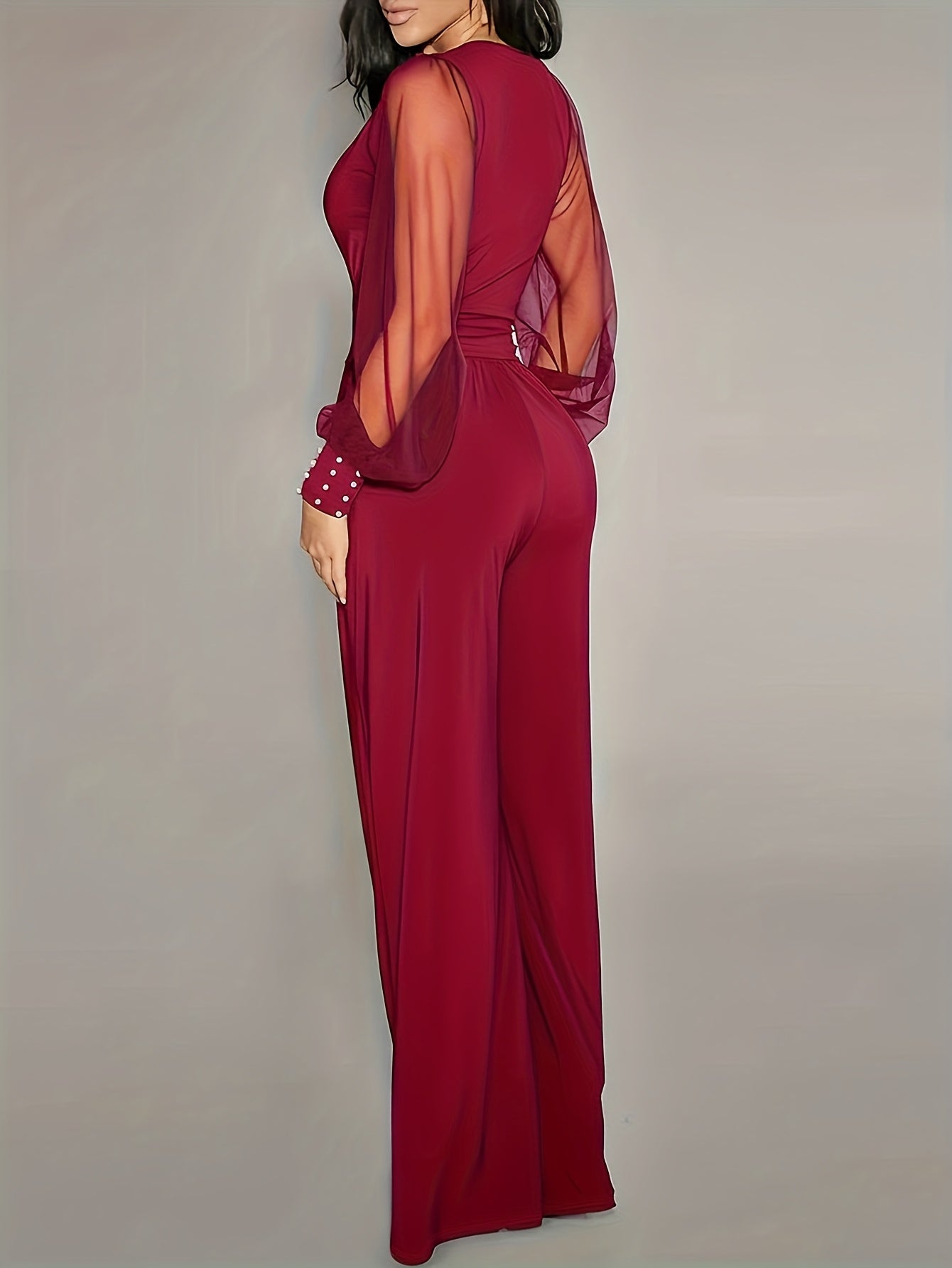 Women'S Elegant V-Neck Long Sleeve Jumpsuit - Solid Color, Stretchy Comfortable Fabric, Waist-Cinching Design, All-Season Versatile Outfit, Perfect for Daily Wear, Commuting, Parties, and Formal Events, Party Attire | Vneck J