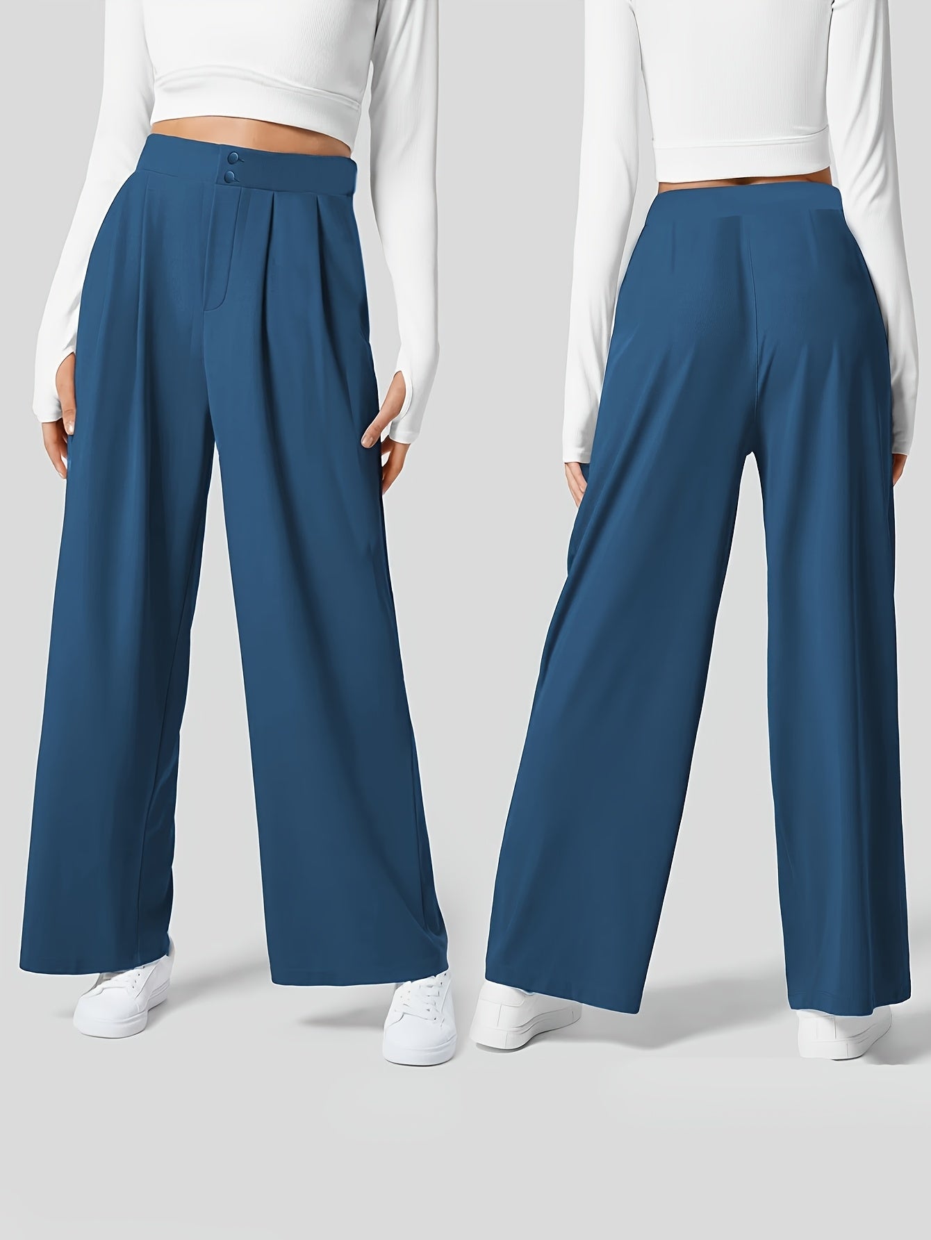 Casual Chic] Կանացի շիկ ֆրանսիական ոճի միագույն սև ծալքավոր տաբատ՝ բարձր գոտկատեղով, լայն ոտքով, պոլիեսթերով, լվացվող մեքենայում՝ կատարյալ արձակուրդի և ամենօրյա հագուստի համար, գեղեցիկ տաբատ