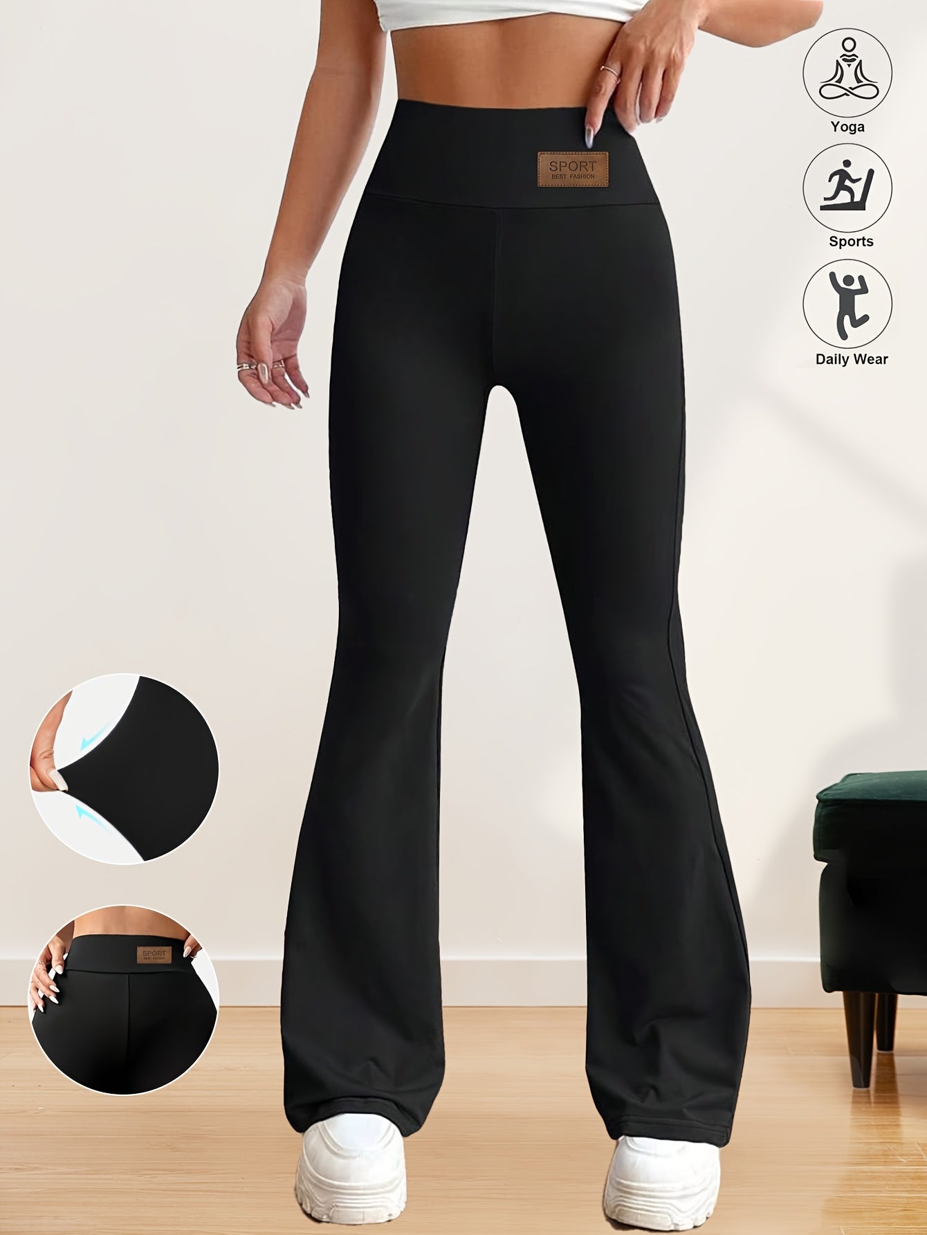 High-Waisted Flared Leggings for Women - Stretchy Black Polyester Pants with Tummy Control, Slimming Fit, and Breathable Design for Spring/Summer/Fall Casual Wear, Spring Summer Leggings | Fitted Leggings | Elastic Waistband