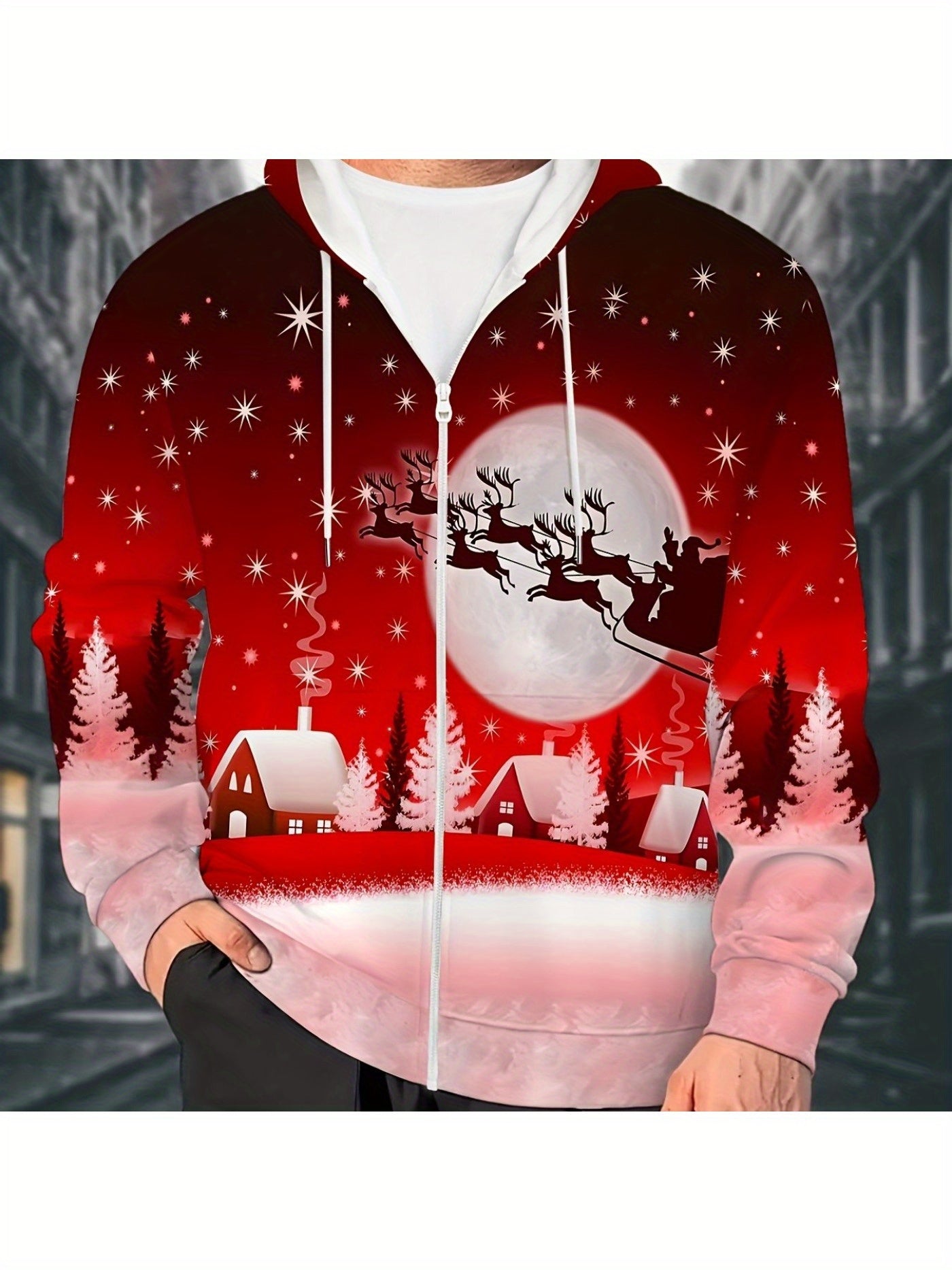 Men'S Christmas Hoodie with Full-Zip Closure - Red & Pink Holiday Print Sweatshirt, Machine Washable Polyester Jacket for Christmas Parties, Family Gatherings - Cozy Winter Outerwear for Men, Seasonal Fashion, Festive Design,