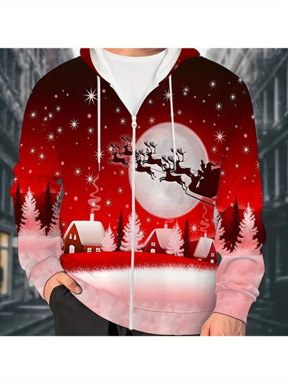 Men'S Christmas Hoodie with Full-Zip Closure - Red & Pink Holiday Print Sweatshirt, Machine Washable Polyester Jacket for Christmas Parties, Family Gatherings - Cozy Winter Outerwear for Men, Seasonal Fashion, Festive Design,