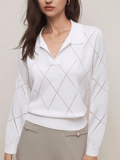 Elegant Women's Polo Neck Argyle Sweater with Loose Fit