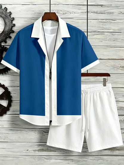 Men's Color Block Cuban Collar Shirt & Drawstring Shorts Set
