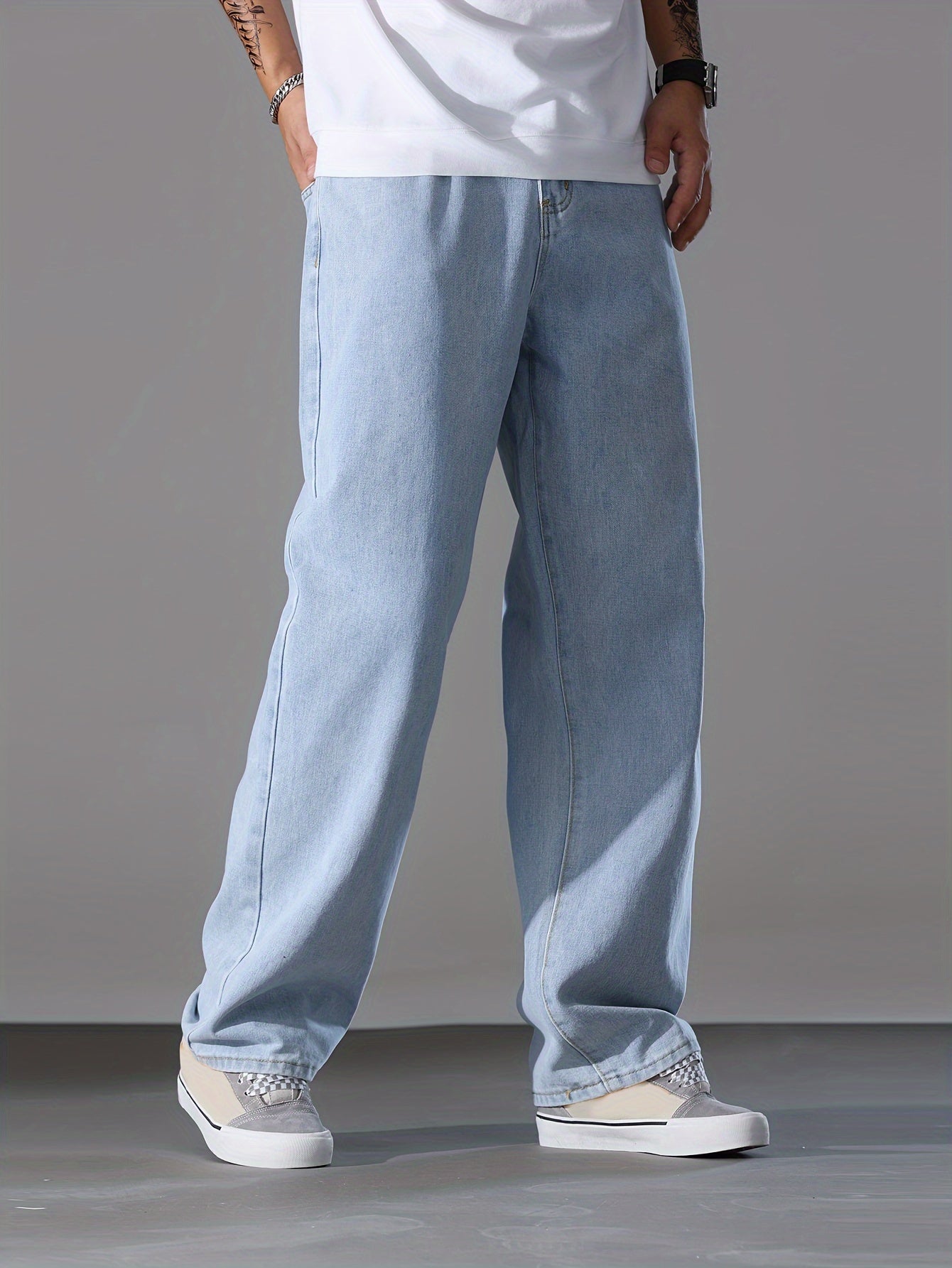 Men's Solid Denim Pants With Pockets, Causal Cotton Blend Jeans For Outdoor Activities