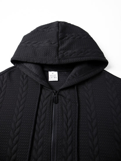 Men's Autumn Winter Hooded Textured Fleece Jacket with Zipper