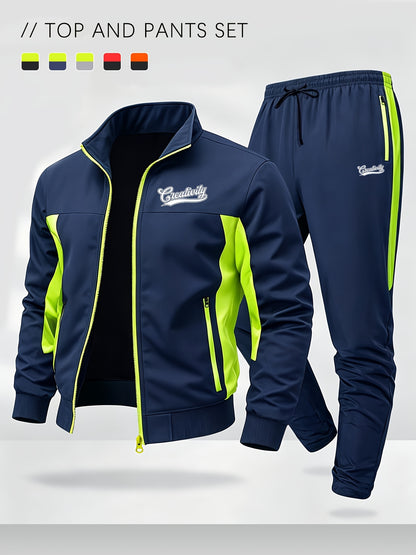 Men's Color Block Sportswear Set with Stand Collar Jacket & Pants