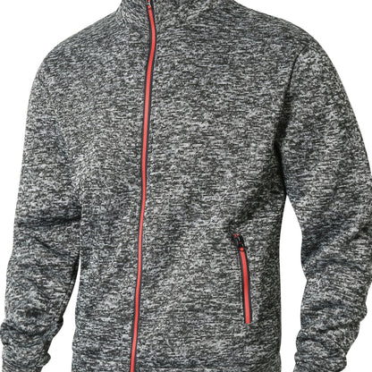 Men's Sporty Full-Zip Stand Collar Sweatshirt - Long Sleeve Casual Pullover with Neon Green Accents, Solid Color Non-Stretch Fabric, Regular Fit for Fall Winter