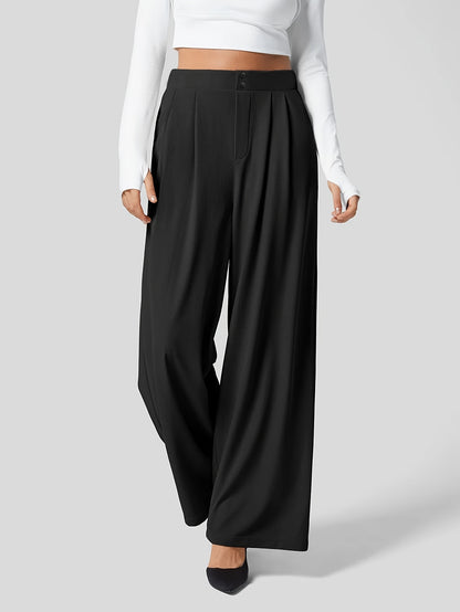 Casual Chic] Կանացի շիկ ֆրանսիական ոճի միագույն սև ծալքավոր տաբատ՝ բարձր գոտկատեղով, լայն ոտքով, պոլիեսթերով, լվացվող մեքենայում՝ կատարյալ արձակուրդի և ամենօրյա հագուստի համար, գեղեցիկ տաբատ