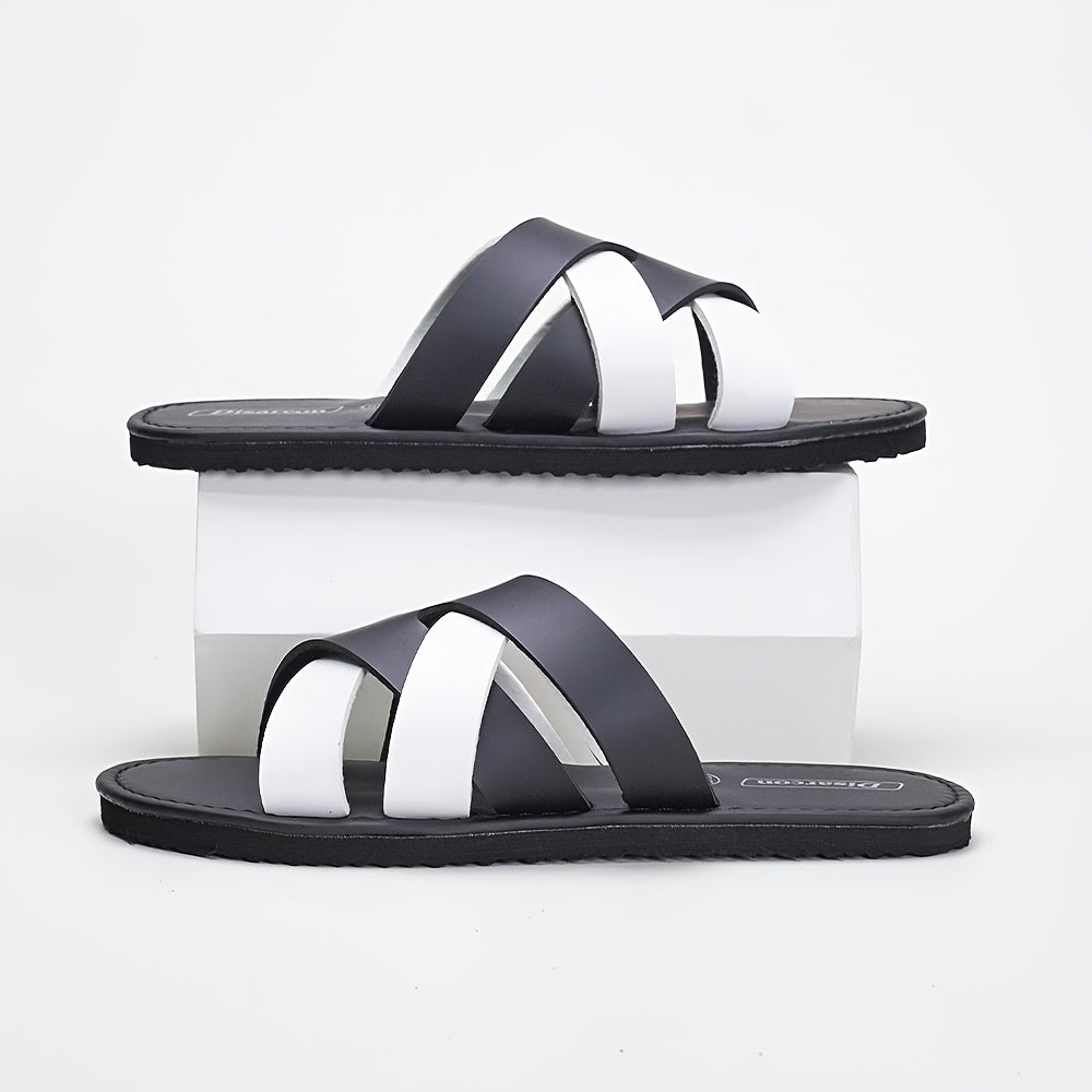 Men's Black White Cross-Strap Slippers, Breathable Non-Slip EVA Sole