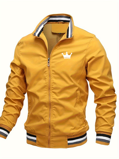 Men's Lightweight Jacket - Mustard-Yellow with Black Print Stripes, Zipper Closure & Structured Fit for Urban Streetwear, Formal Events - Spring/Fall Outerwear Coat, Spring Outerwear, Striped Detail Jacket, Nonstretch Materia