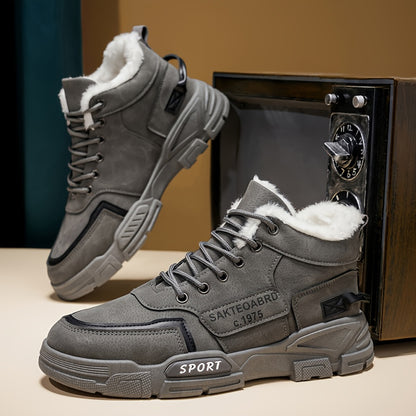 Mid-Top Fleece-Lined Comfortable Warm Gripper Sole Casual Winter Boots for Men and Women, Striped Design. Suitable for Extreme Cold Weather Snowy Conditions with Thick Insulation Lace Closure Anti Slip Durable PVC Outsole Hun