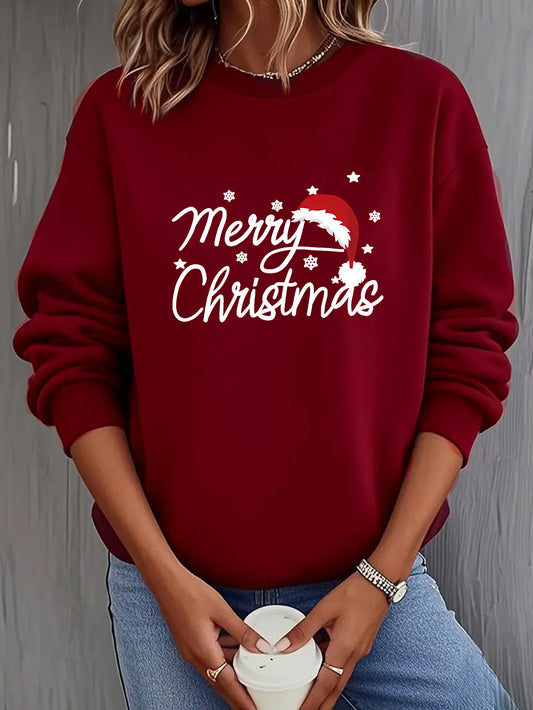 Women'S Christmas Letter Print Crew Neck Pullover Sweatshirt - Elegant Casual Long Sleeve Fleece-Lined Top with Festive Santa Hat & Star Design, All-Season Comfort for Holiday & Casual Attire, Christmas Sweatshirts, Seasonal