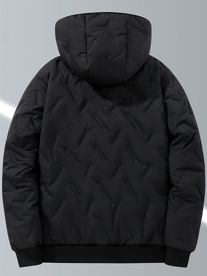 Men's Casual Winter Jacket - Thick Fleece-Lined, Windproof Hooded Coat with Embossed Design, Zip-Up, Solid Color