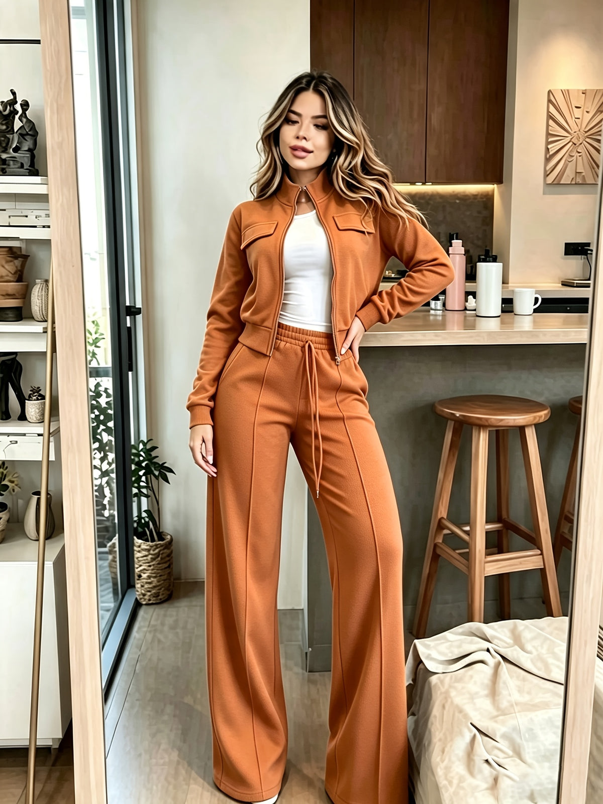 Women's Elegant Long Sleeve Zip-Up Sweatshirt and Joggers Set