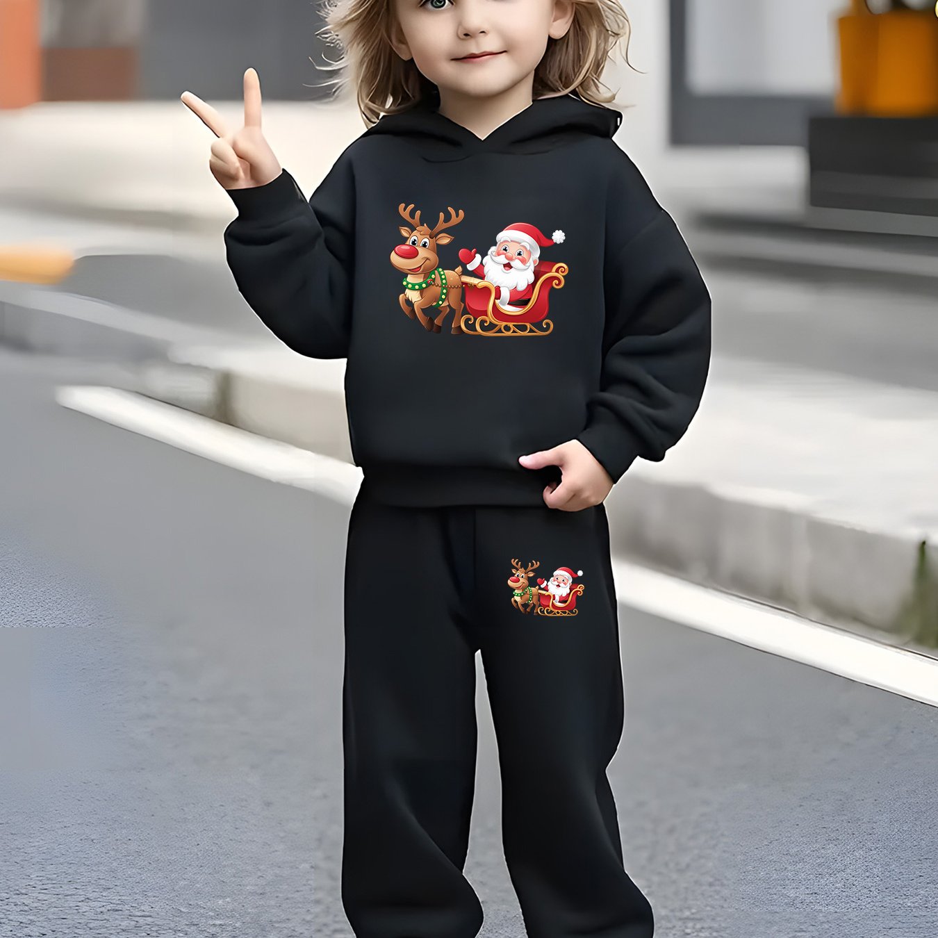 2pcs Girls & Boys Winter Warm Pink Hoodie & Pants Set - Bright Pink Christmas & New Year Outfit with Santa Reindeer Snowman Print, Elastic Waist Matching Sweatsuit for Kids 6-12 Years (Height 120-160cm), Boys & Girls Clothing