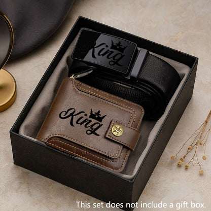 2pcs Men's Belt & Wallet Combo Matching Set - King Print Design, Business Professional Belt & Wallet with Cash Pocket - Gift for Dad, Husband (Valentine's Day, Graduation) - Stylish Male Accessory Suitable for Outfit Essentia