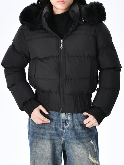 Էլեգանտ պոլիեսթերային բարձիկով կանացի բաճկոն - 2024 թվականի նորաձև կարճ միագույն վերարկու՝ հաստ արհեստական ​​մորթուց օձիքով, երկար թևքերով, կայծակաճարմանդով, գործված - Ձմեռային ջերմություն, առօրյա վերնազգեստ