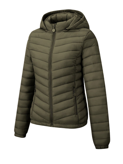 Կանացի թեթև, սև, գլխարկով ձմեռային բաճկոն՝ գրպաններով - Էլեգանտ երկար թևքերով վերնազգեստ, նեյլոնե նյութ, կայծակաճարմանդով դիզայն, իդեալական է առօրյա կամ ճանապարհորդության համար, ձմեռային վերարկուներ