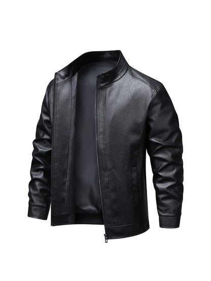 Men's Slim Fit PU Leather Stand Collar Jacket for Spring and Autumn
