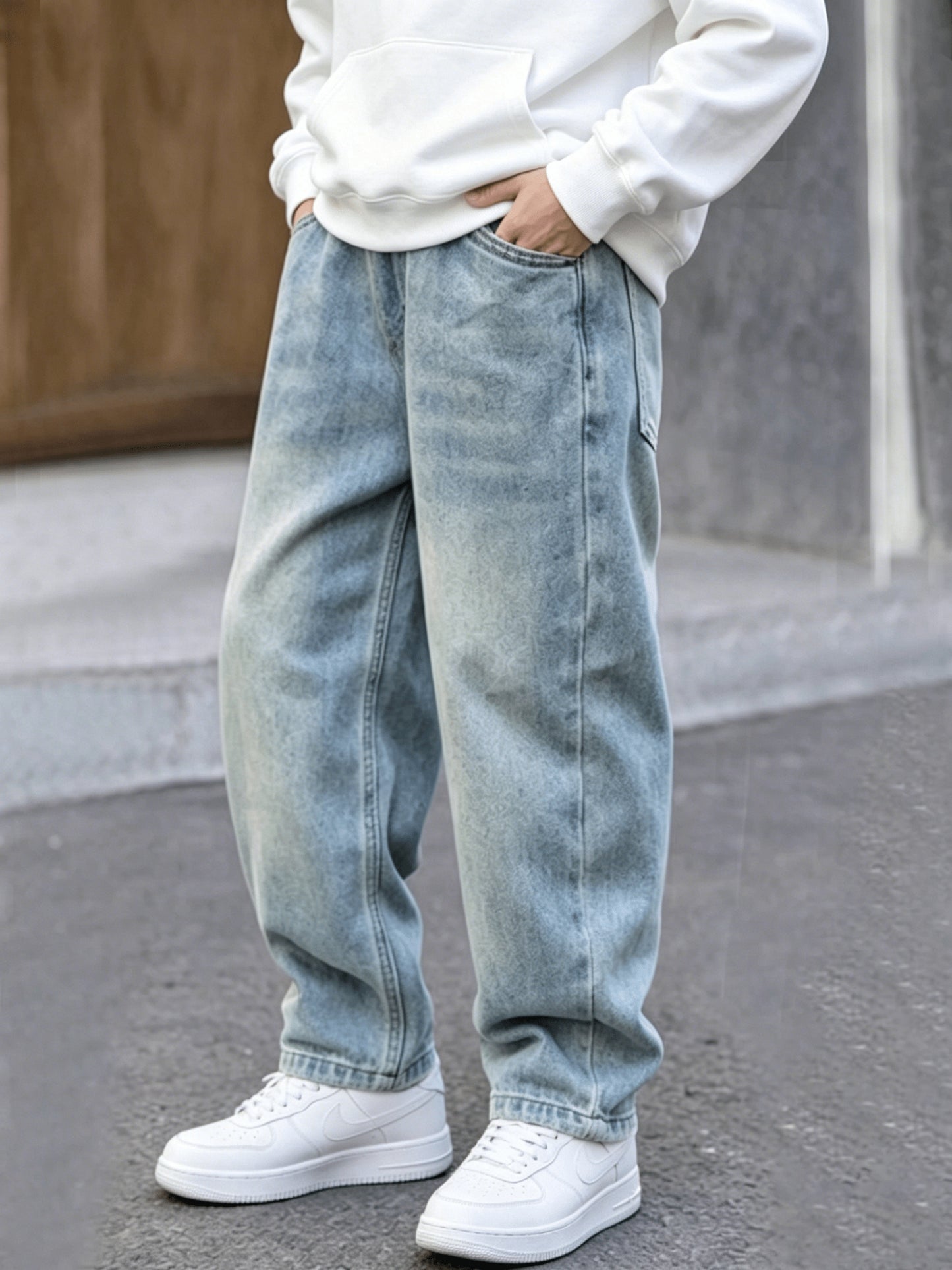 Boys' Baggy Washed Denim Jeans with Elastic Waist, Vintage Style