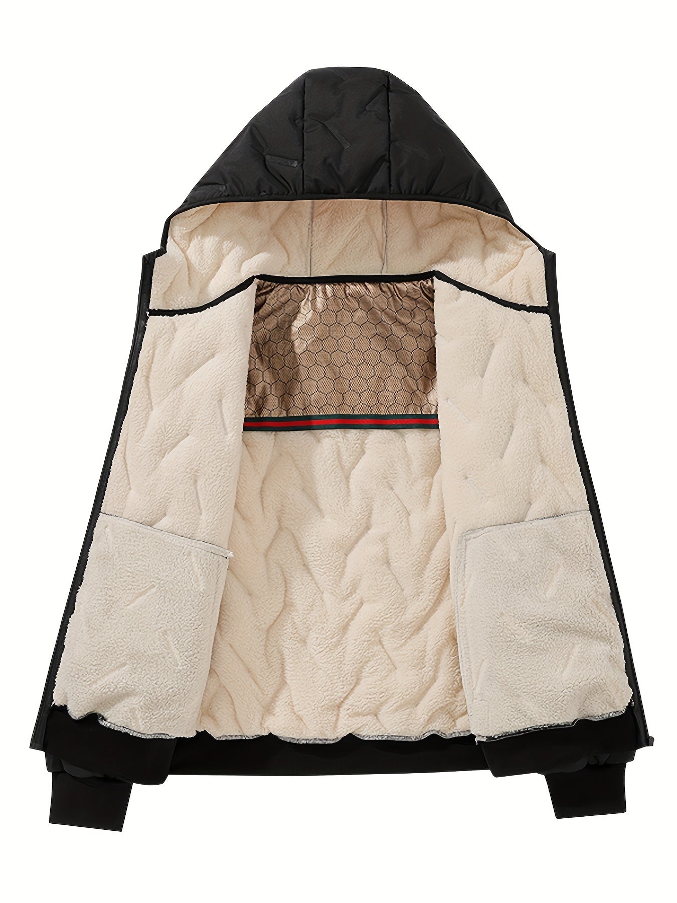 Men's Casual Winter Jacket - Thick Fleece-Lined, Windproof Hooded Coat with Embossed Design, Zip-Up, Solid Color