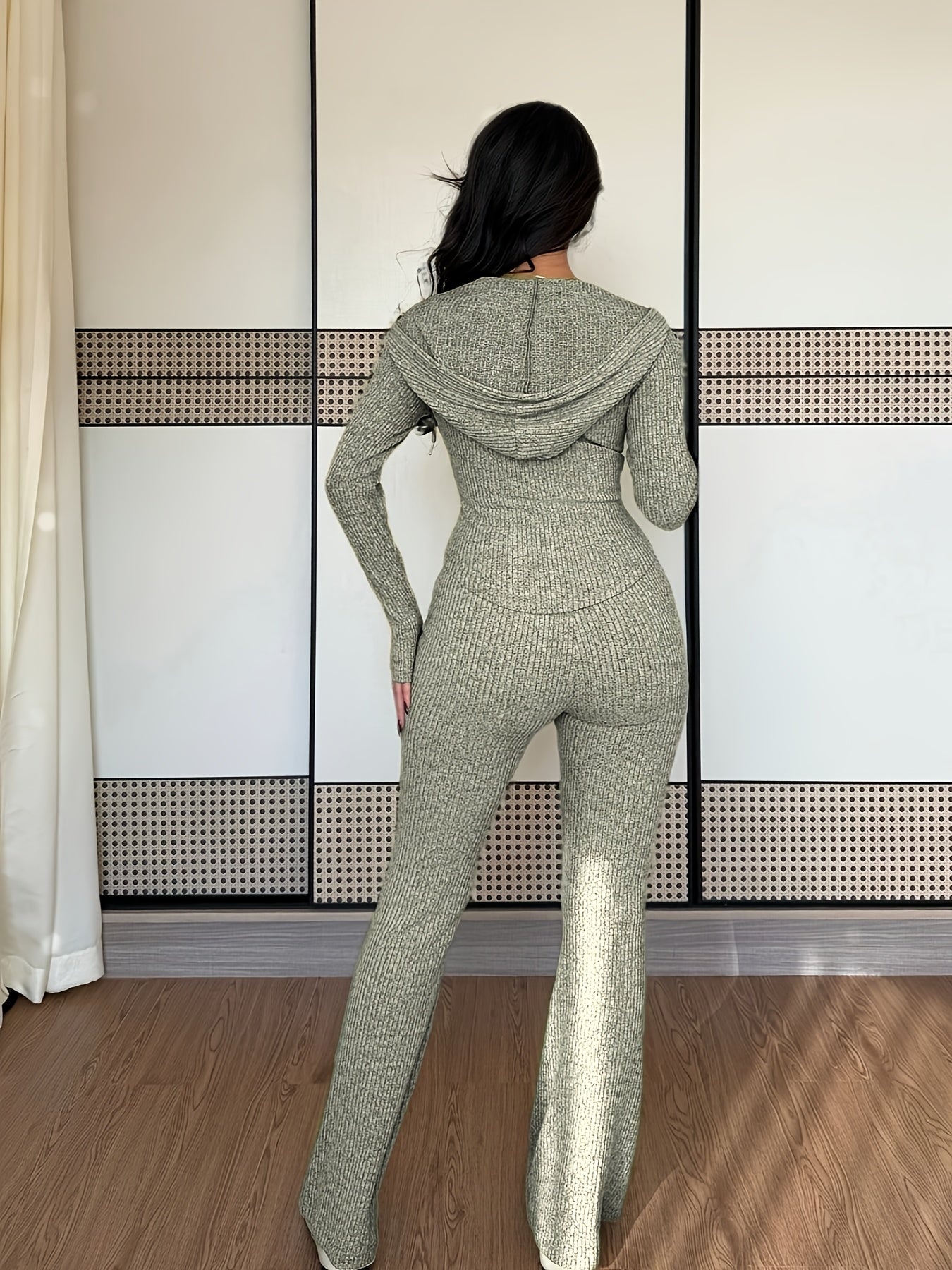 Women's Casual Two-Piece Set with Pockets Hooded Zip-Up Waist Jacket and Ribbed Flared Pants - ayq