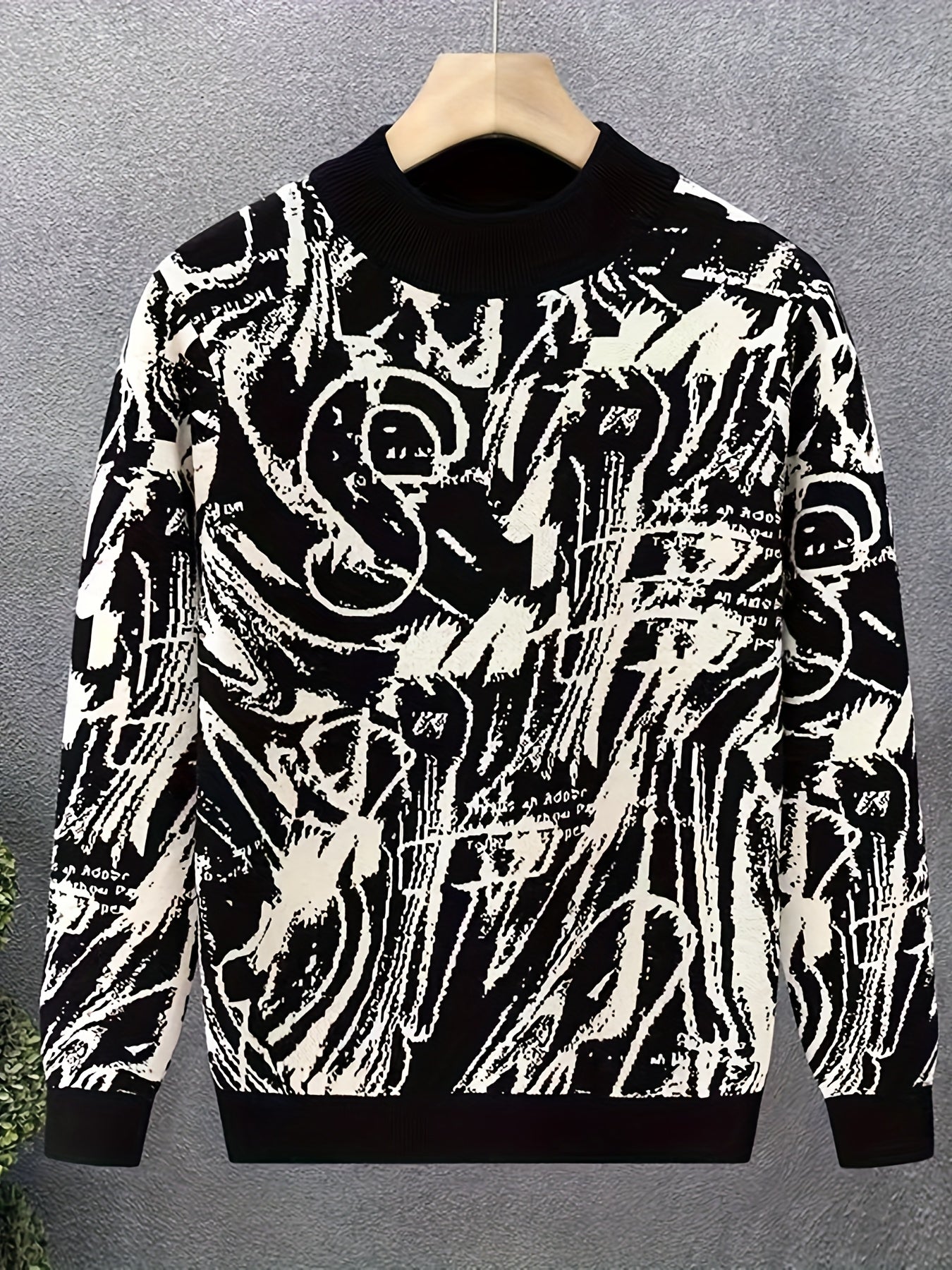 Temujin OBM Men's Fashion Trendy New Jacquard Semi-High Neck Knit Long Sleeve Pullover Sweater