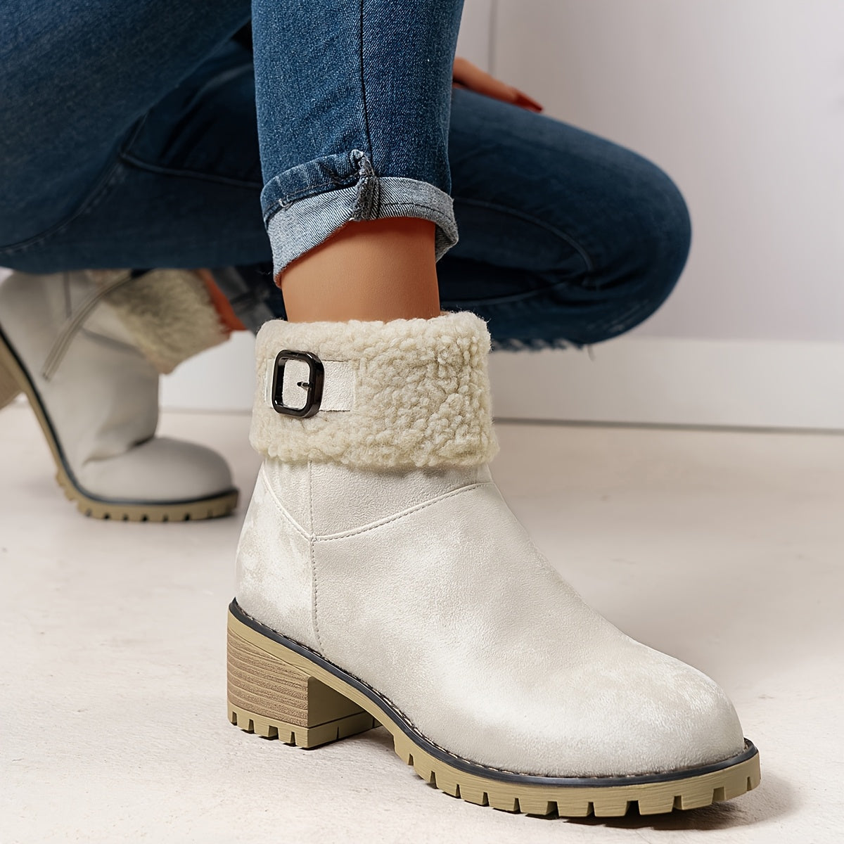 Chunky And Clssic Women'S Ankle Boots, Comfortable And Elegent Woemen Shoes. Warmth Khaki、Black And Beige Winter Women' Boots. Solid-Colored. Fleece-Lined Boots, Heighten And Non-Slip Lighhtweight Shoes with Cute Round Toe.