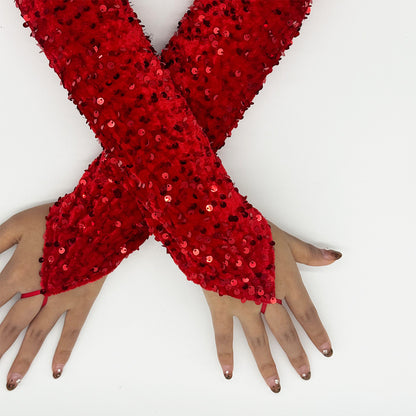 's Sparkling Red Sequin Long Gloves with White Cuff & Elastic Wrist - Glittering Fingerless Gloves for Christmas, New Year's Eve, Prom, Costume Parties - Elegant Performance Accessory (No Feathers/-Free)