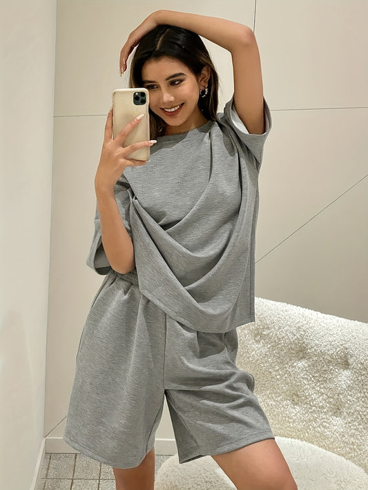 Women'S Casual Polyester Pajama Set, Solid Color Crew Neck Short Sleeve Top with Shorts, Thickened Comfort Home Wear, All Season Knit Fabric, 95% Polyester 5% Elastane, 150g/m² - Adult