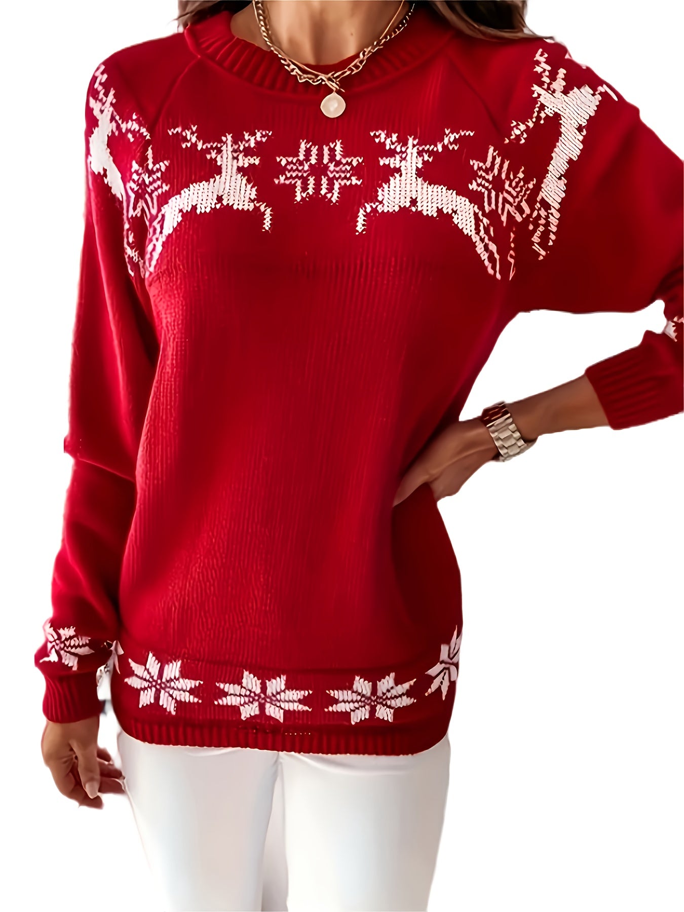 Women's Elegant Red Christmas Sweater with White Snowflake & Reindeer Pattern - Soft Stretchy Polyester Long Sleeve Round Neck Pullover, Cozy Winter Sweater for Holiday Parties & Everyday Winter Wear, Festive Sweater for New