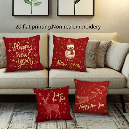 4pcs Festive New Year Throw Pillow Covers, 45.72x45.72 cm, Soft Polyester with Zipper Closure, Machine Washable, Contemporary Printed Designs - Ideal for Holiday Home Decor and Seasonal Gifts, Decorative Pillows | Cheerful Ho
