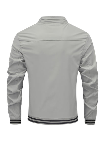 Men's Stand Collar Long Sleeve Zip Up Sports Jacket With Contrast Trim Design, Men's Spring Fall Outwear, As Gifts