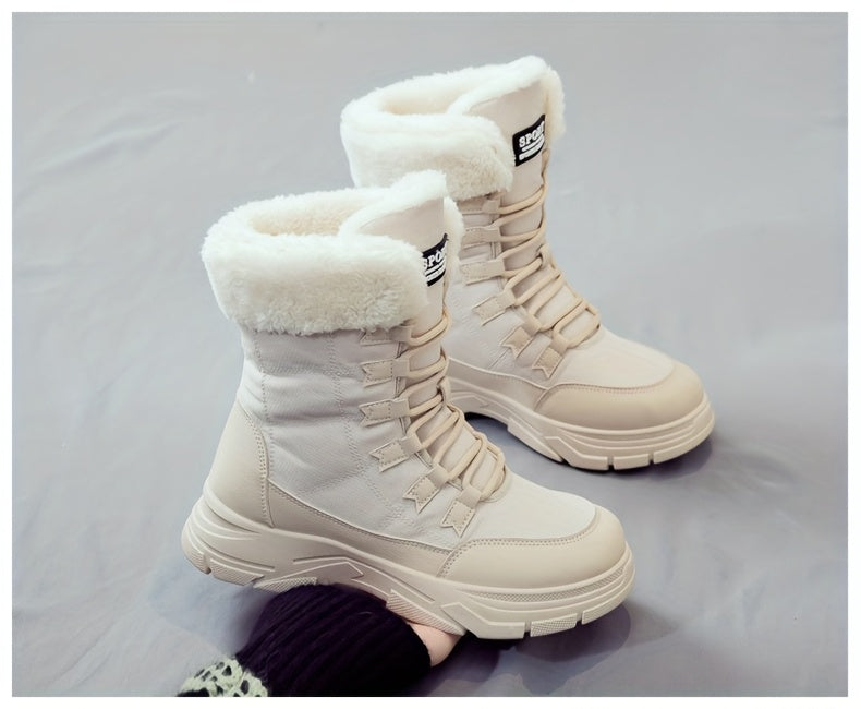 Women'S Winter Boots - Thick Platform Sole for Height & Traction, Lace-Up Mid-Calf Boots with PU Synthetic Cover Upper, Non-Slip PVC Outsole - Beige/White Cold Weather Shoes for Everyday, Formal, Party - Easy-Clean & Durable