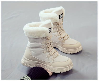 Women'S Winter Boots - Thick Platform Sole for Height & Traction, Lace-Up Mid-Calf Boots with PU Synthetic Cover Upper, Non-Slip PVC Outsole - Beige/White Cold Weather Shoes for Everyday, Formal, Party - Easy-Clean & Durable