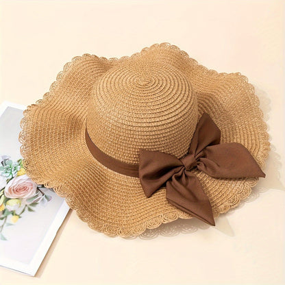 Women's Khaki Straw Hat with Bow – Lightweight Summer Beach Hat