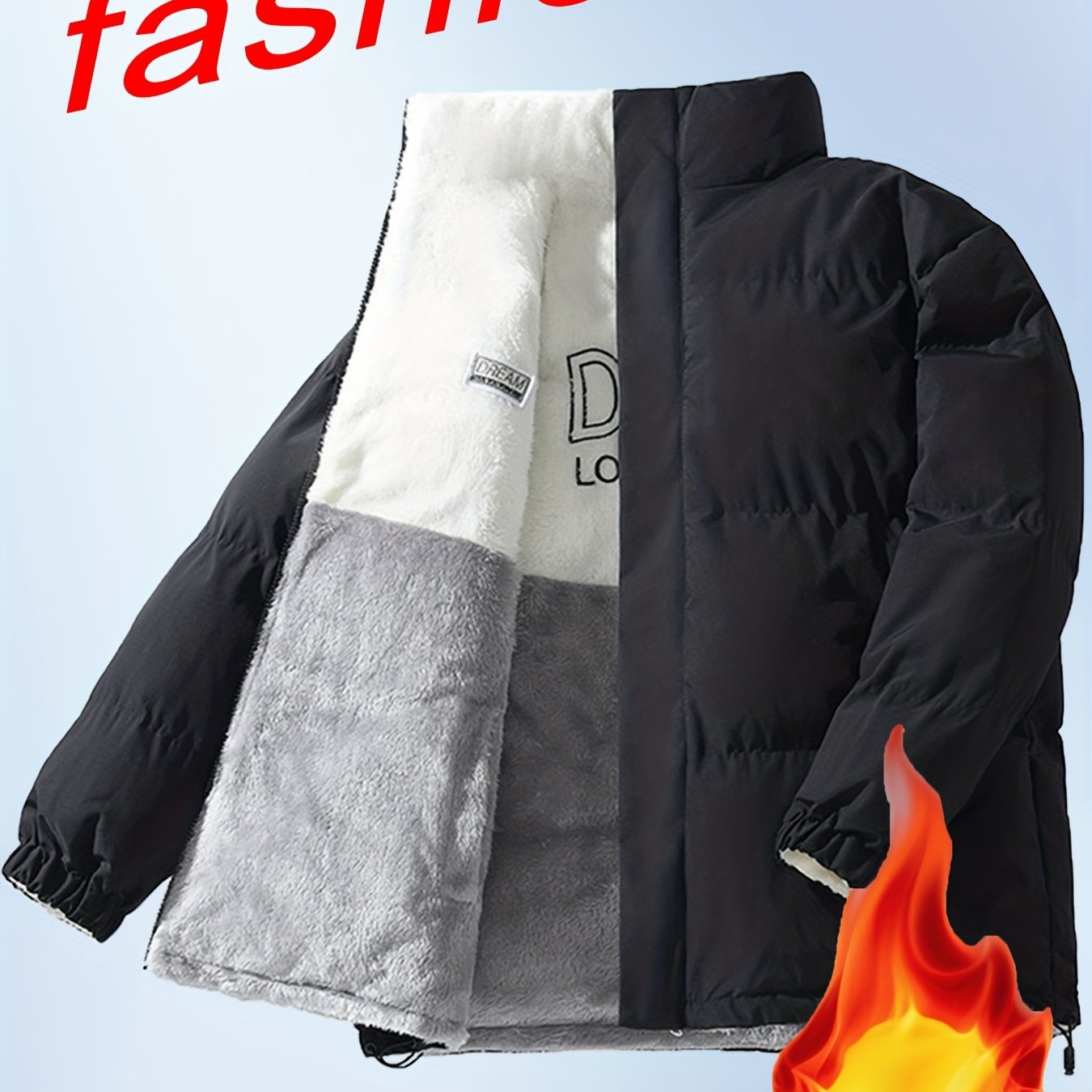 Տղամարդու երկկողմանի բրդյա ծածկույթով հաստ բաճկոն՝ առօրյա կանգնած օձիքով՝ տառերի տպագրությամբ, սովորական չափսերով, գրպաններով, պոլիեսթերային լցոնով, բազմակողմանի աշուն/ձմեռ համար, ձմեռային բաճկոն