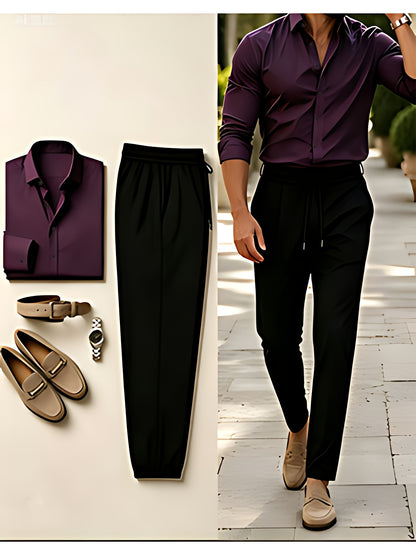 Men's Slim Fit 2-Piece Suit Set Long Sleeve Shirt & Tapered Pants
