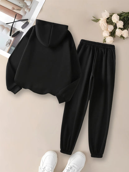 Ladies' Autumn-Winter Casual Hooded Sweatshirt and Pants Set with Shiny Heart Print | Comfortable Fleece-Like Feel, Drawstring Details