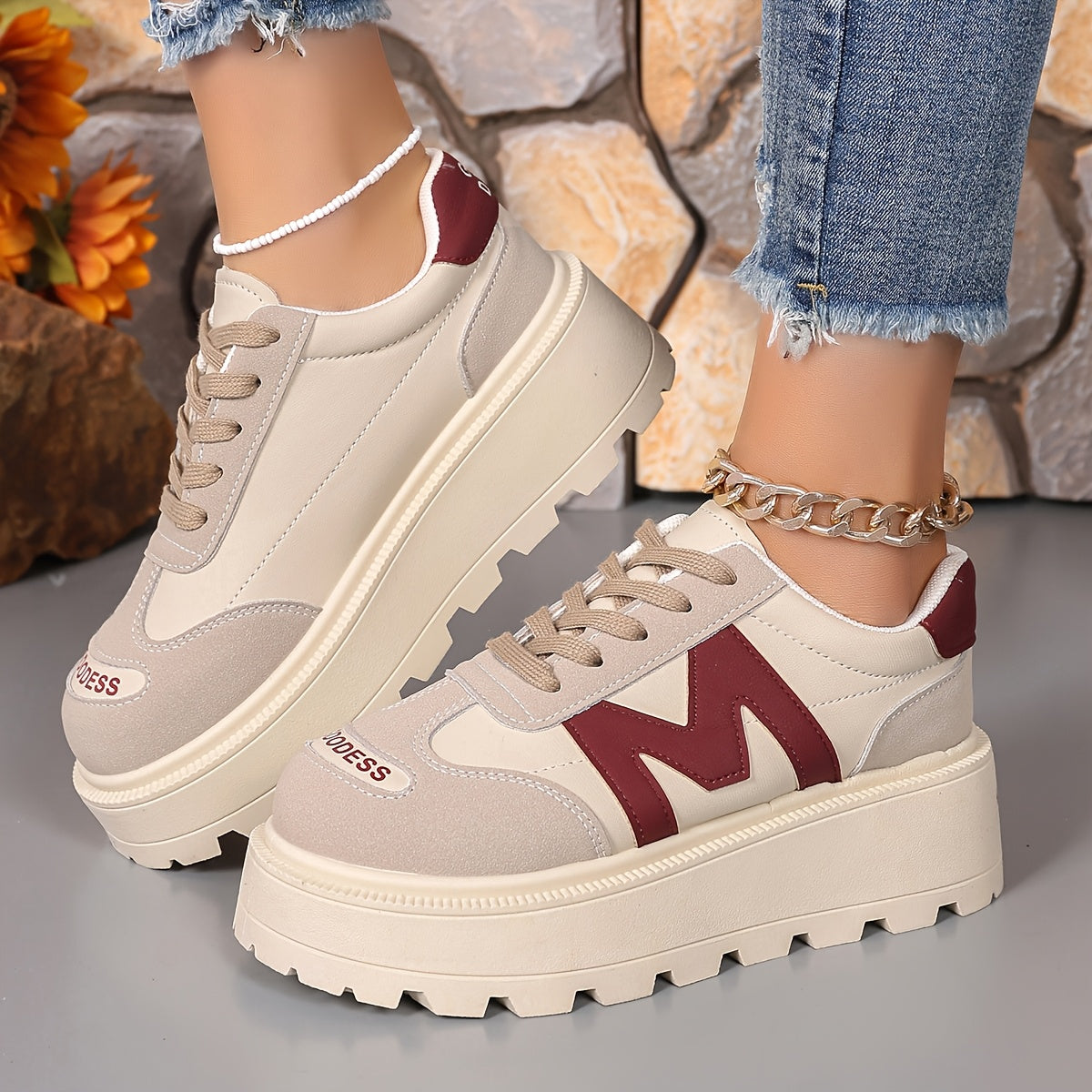 Women's Casual Lace-Up Sneakers - Breathable, Thick Sole, Round Toe, Faux Cover - White, High Top Sneakers