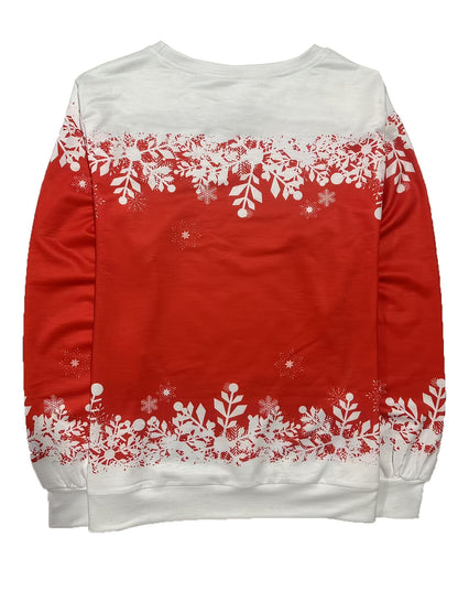 Women'S Red & Christmas Sweater - Long Sleeve Round Neck Winter Warmth with Snowman, Snowflakes & Poinsettia Print - All-Season Casual Pullover for Holiday