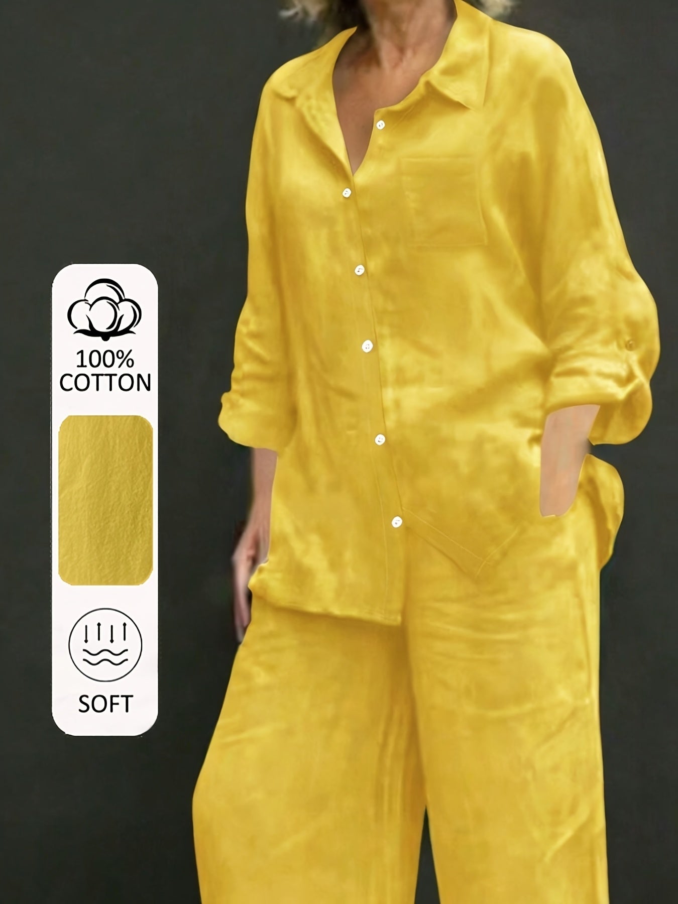 Women’s Casual Cotton Long-Sleeve Top & Wide-Leg Trousers Set