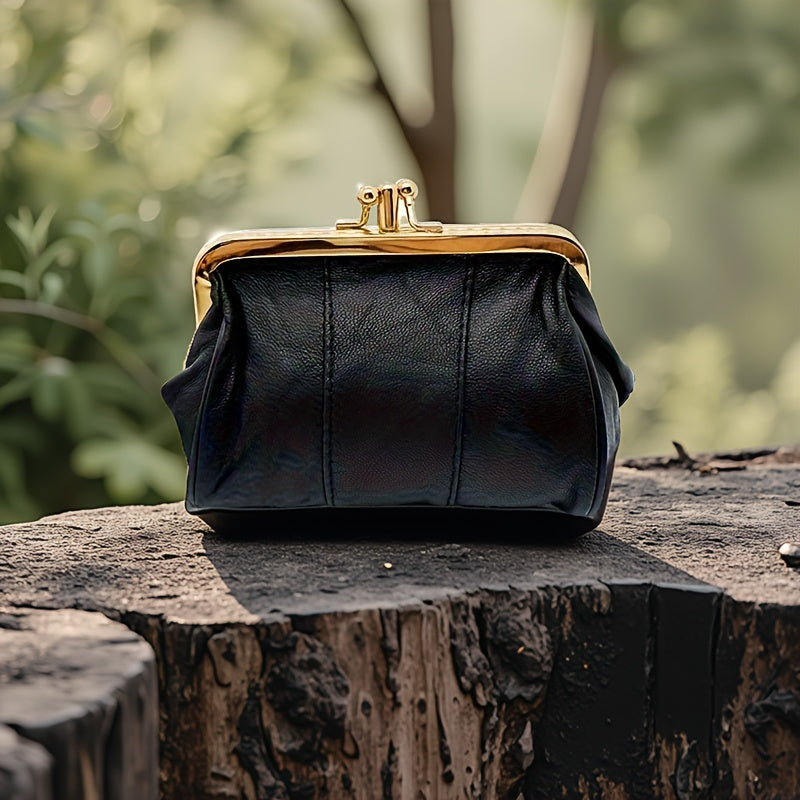 Vintage-Style Genuine Leather Clutch with Golden Metal Frame – Black Mini Wallet for Women, Compact Coin Purse & Key Holder, Elegant Textured Design