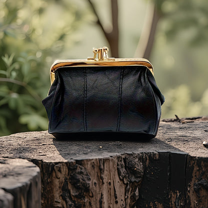 Vintage-Style Genuine Leather Clutch with Golden Metal Frame – Black Mini Wallet for Women, Compact Coin Purse & Key Holder, Elegant Textured Design