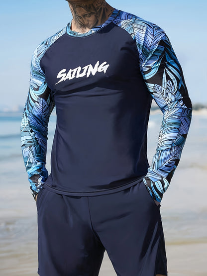 Men's Long Sleeve Rash Guard with Geometric Pattern, Athletic Swimwear
