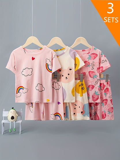 Girls' 3-Piece Cotton Shorts & Cartoon Print Set for Summer