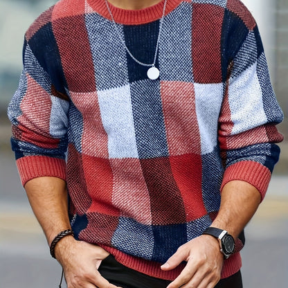 Men'S Casual Plaid Crew Neck Knit Sweater | Loose Fit, Long Sleeve, Fashionable Color Block Design, Suitable for Fall/Winter
