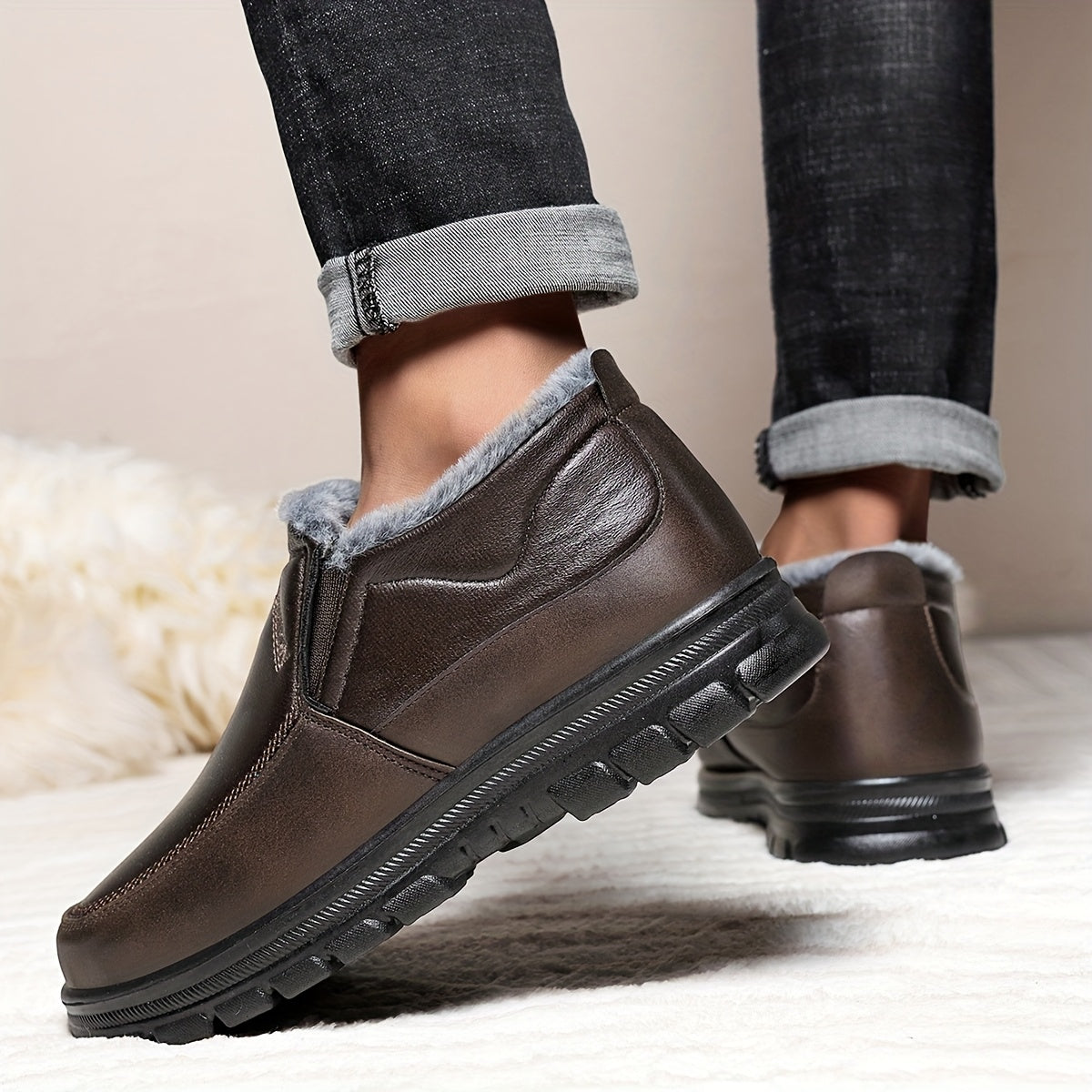 Տղամարդկանց ձմեռային ձմեռային կոշիկներ՝ բրդյա և կամարի հենարանով - Բոլոր եղանակների համար նախատեսված ցուրտ եղանակի լեռնագնացության կոշիկներ, սահքակայուն ռետինե ներբան, կլոր քթով դիզայն՝ առօրյա և բացօթյա հագուստի համար, լեռնագնացության կոշիկներ