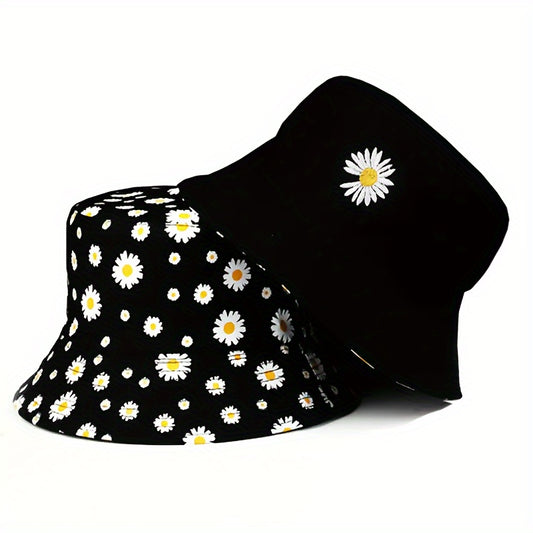 Daisy Graphic Reversible Bucket Hat Black Trendy Breathable Basin Hats Lightweight Sunscreen Fisherman Cap For Women daily use